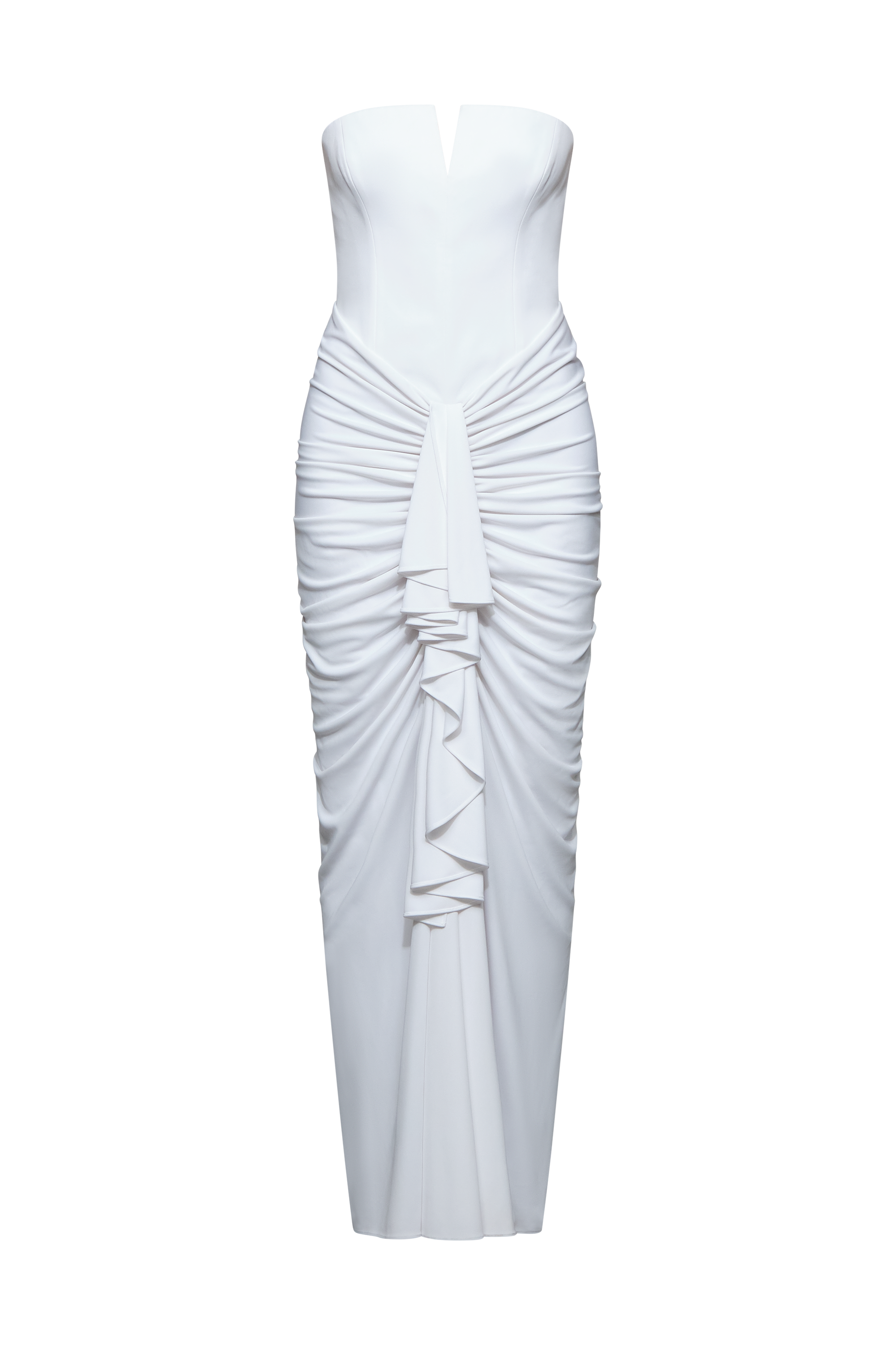 selena ivory satin ruffle strapless dress Selena Gown 0 / Optic White